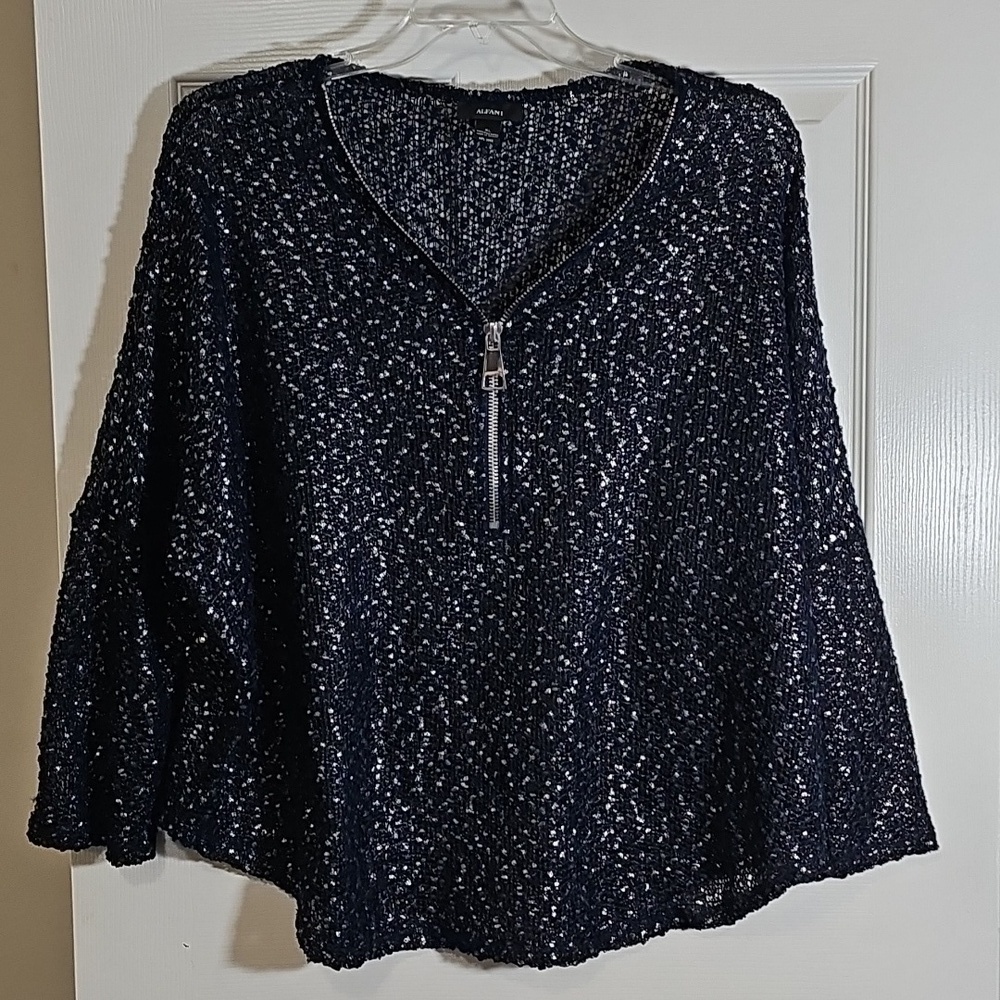 Alfani Dark Blue Silver Quarter Zip Sparkle Long Sleeve Shirt Semi Sheer Size XL